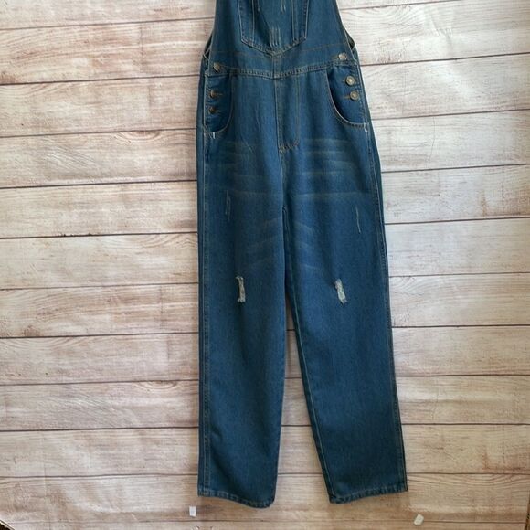 DISTRESSED LIGHTWEIGHT DENIM OVERALLS IN BLUE - Picture 2 of 10